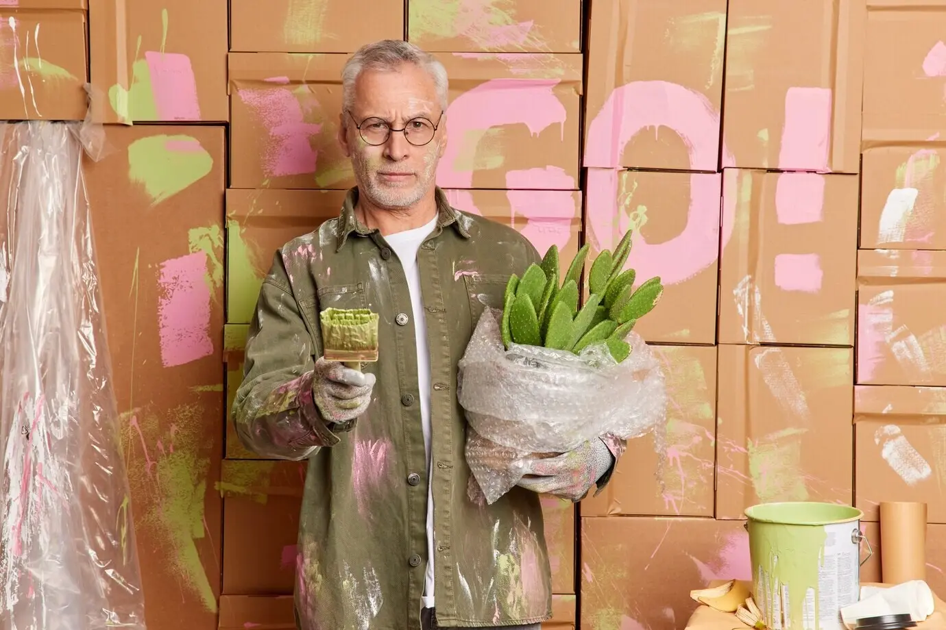 Un pintor de mantenimiento, serio y seguro de sí mismo, sostiene una brocha de pintura y pinta paredes, diseña el interior de una habitación y utiliza herramientas de trabajo; se muda a una casa nueva y lleva un cactus. Decorador profesional que renueva el hogar.